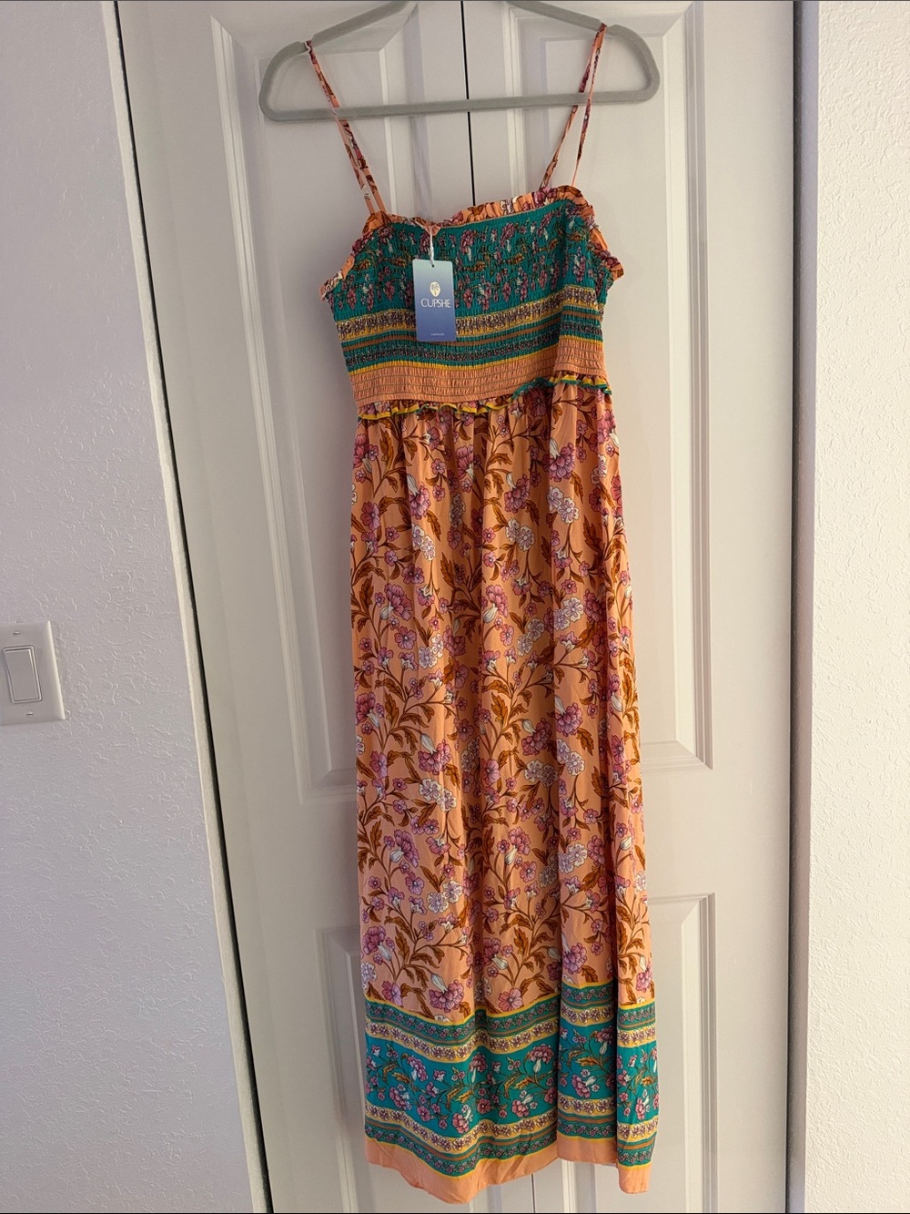 Cupshe Orange Floral Maxi Dress with Teal Smocked Bodice